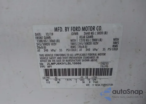 2020 Lincoln Nautilus Reserve z USA, uszkodzony, nr VIN 2LMPJ8K91LBL10666